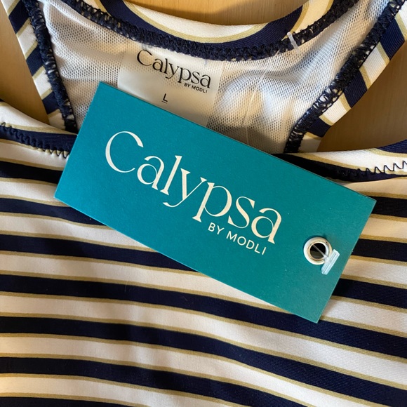 Calypsa by Modli Maya Swim Top Tankini White Navy Gold Striped - Picture 6 of 12